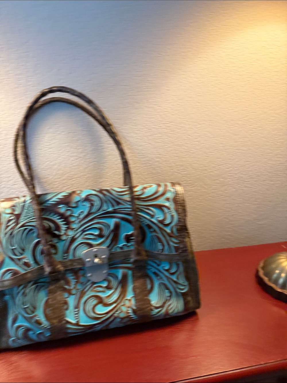 Patricia Nash Turquoise and Brown Tooled Floral Leather Satchel - Picture 10 of 10